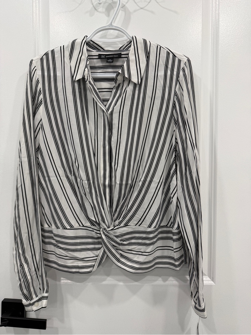 INC International Concepts Black & White Striped Knot-Front Button Down Shirt